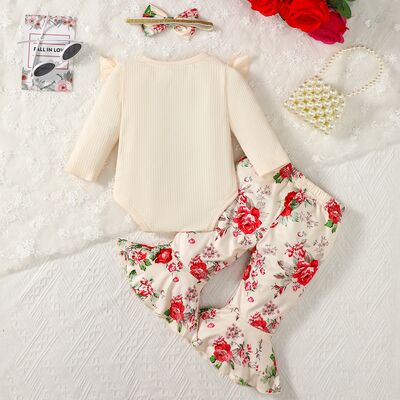 Ruffled Round Neck Bodysuit and Printed Pants Set - 2 PCS. - T - 1 COLOR -