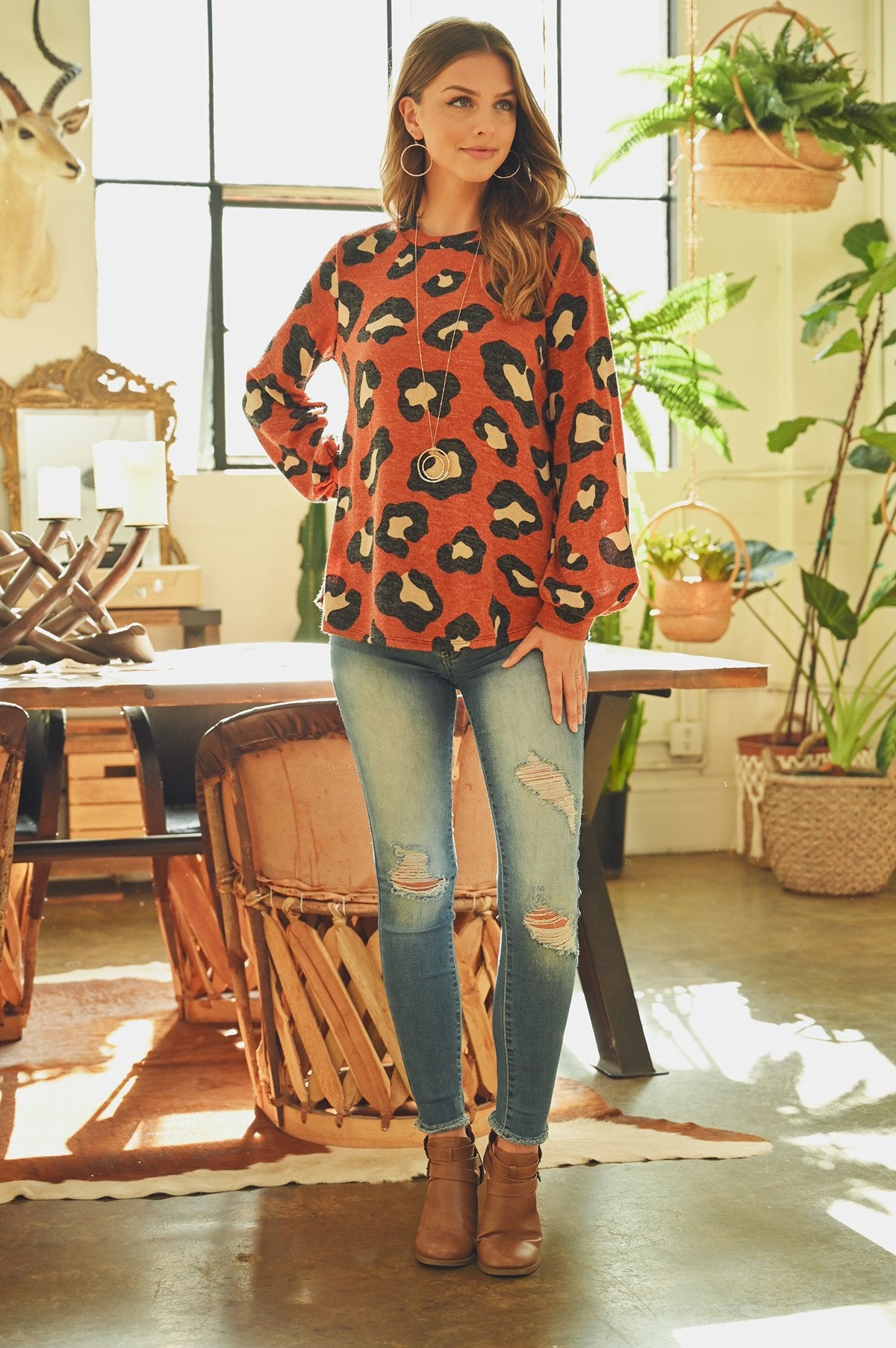 Riah Fashion - Puff Sleeved Leopard Print Top - 4 COLORS -