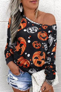 Thumbnail for One Shoulder Jack-O'-Lantern Graphic Sweatshirt - T - 1 COLOR -