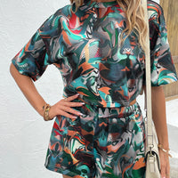 Thumbnail for Printed Round Neck Dropped Shoulder Half Sleeve Top and Shorts Set - 2 PCS. - T - 1 PATTERN -