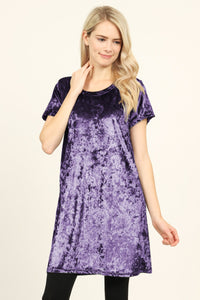 Thumbnail for Riah Fashion - Short Sleeve Crushed Velvet Tunic Dress - 11 COLORS -