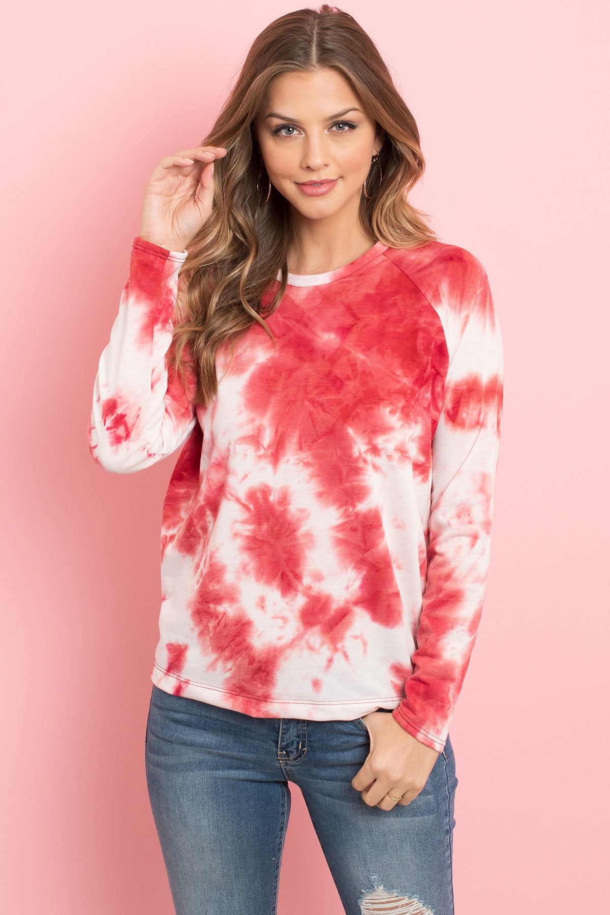 Riah Fashion - Tie Dye Round Neck Long Sleeved Top - 4 COLORS -