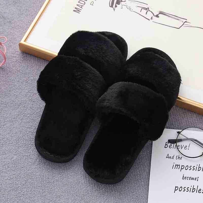 Faux Fur Double Strap Slippers - T - 5 COLORS -