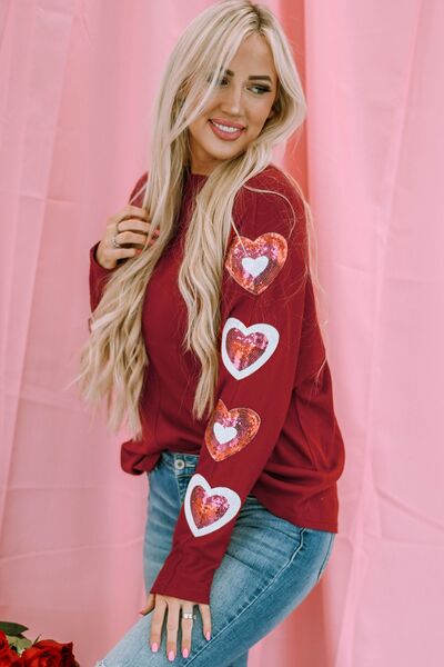 Heart Sequin Round Neck Long Sleeve T-Shirt - T - 1 COLOR -