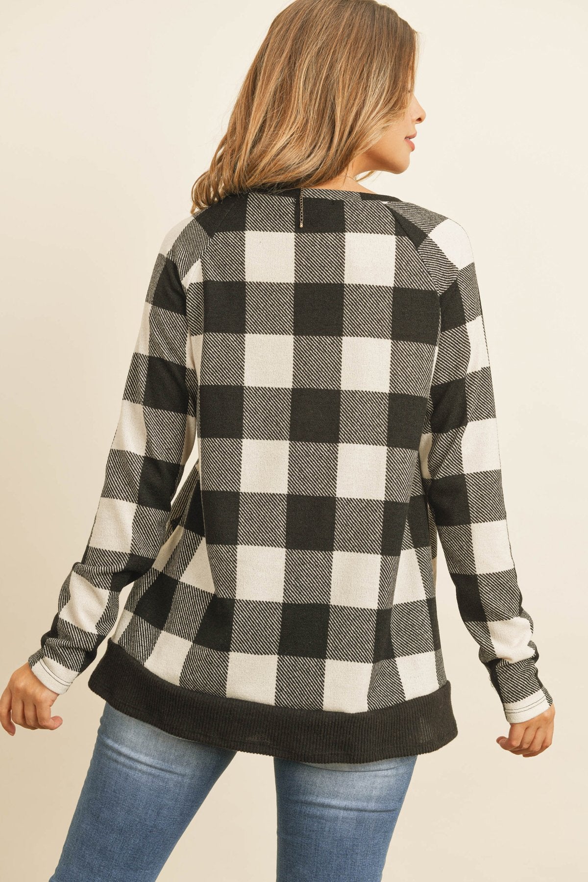 Riah Fashion - Checker Plaid V-Neck Long Sleeve Top - 2 COLORS -