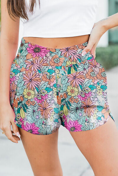 Floral Elastic Waist Shorts - T - 1 FLORAL MULTICOLOR -