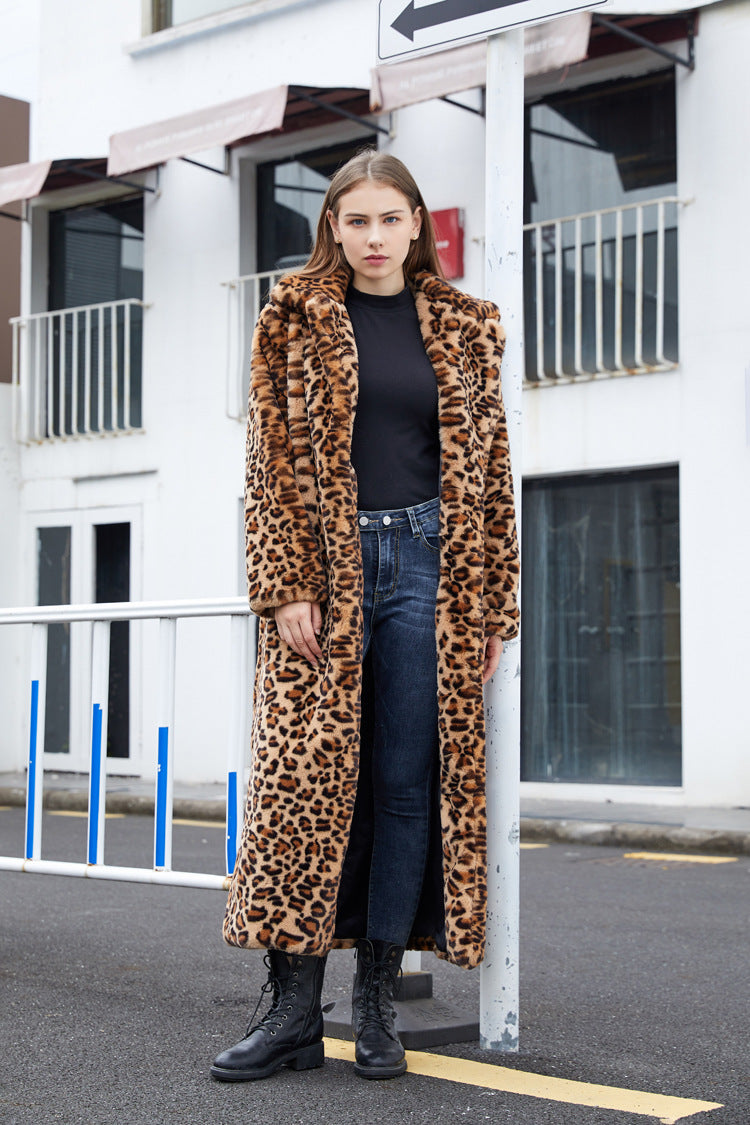 Sharon Tatem - Faux Fur - Leopard Print - Rabbit Tailored Collar - Warm Thick X-Long Coat Long Sleeve Jacket -