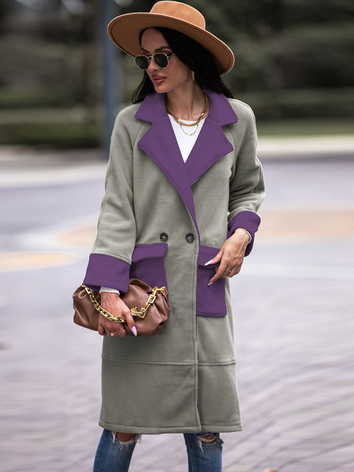 Contrast Lapel Collar Coat with Pockets - T - 2 COLORS -