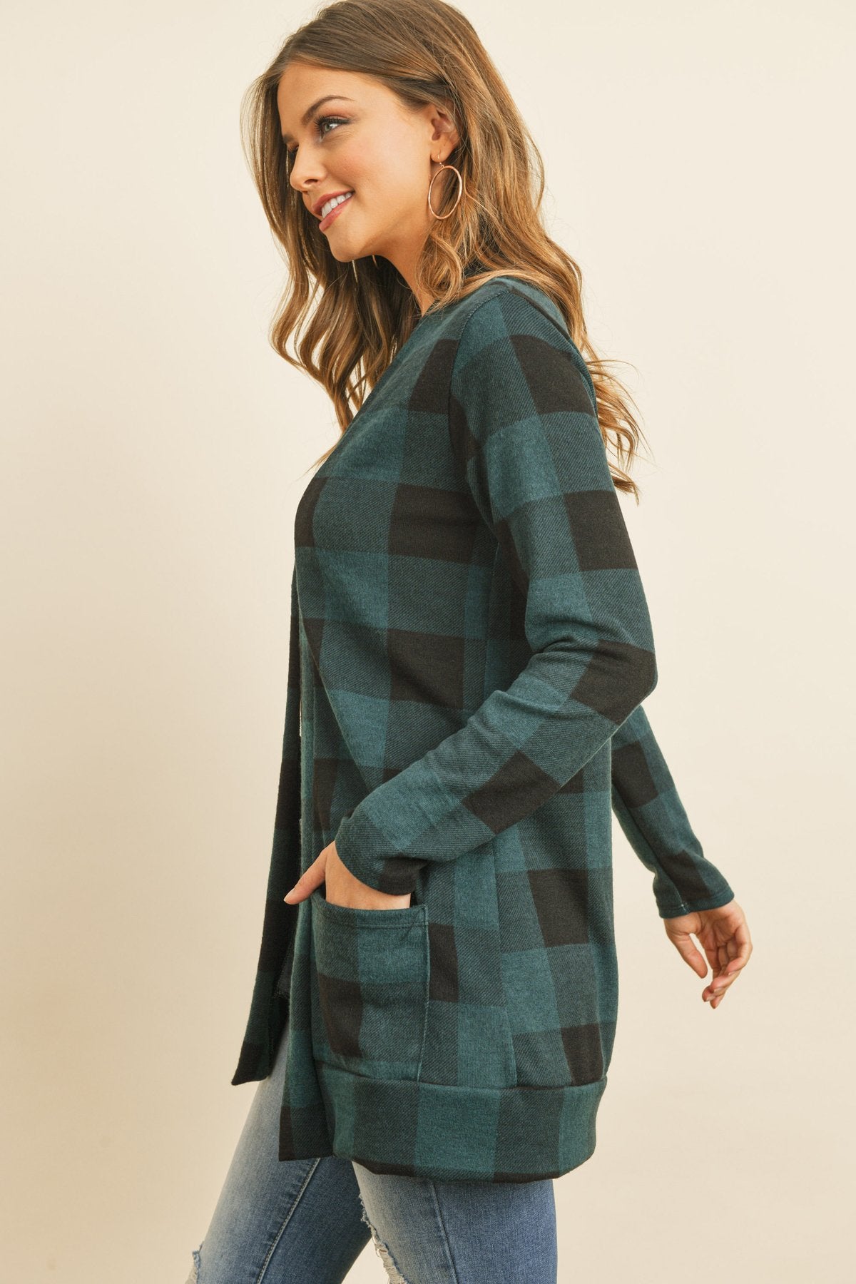 Riah Fashion - Plaid Long Sleeved Front Pocket Open Cardigan - 3 COLORS -