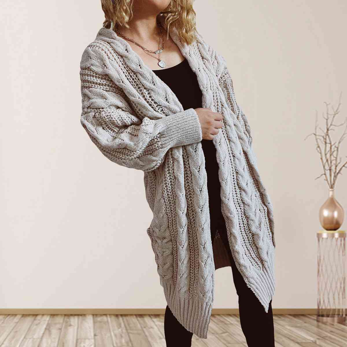 Cable-Knit Open Front Dropped Shoulder Cardigan - T - 6 COLORS -