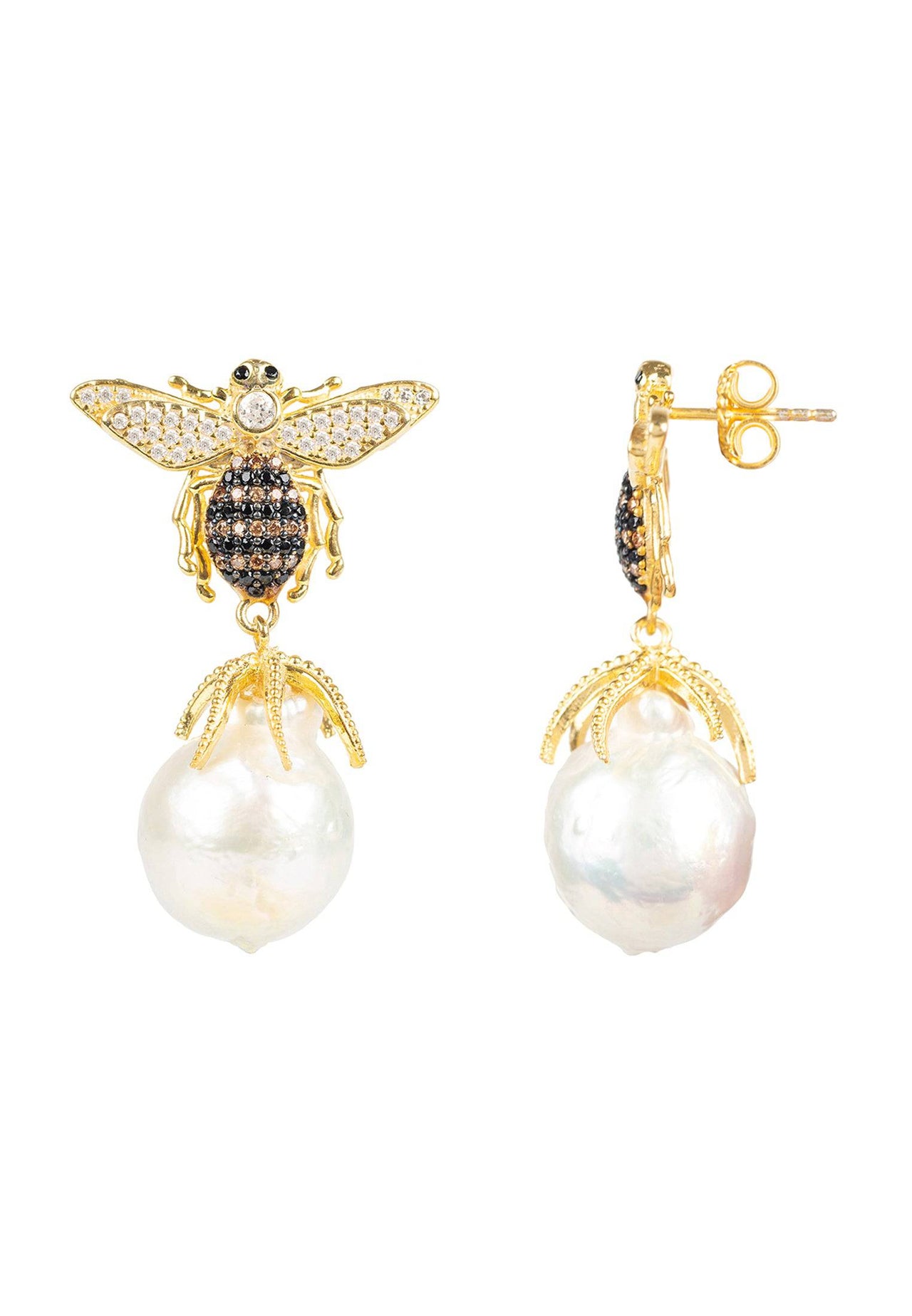 LATELITA - Baroque Pearl Honey Bee Drop Earrings Gold -