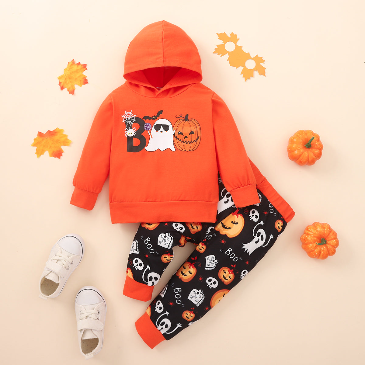 BOO Graphic Long Sleeve Hoodie and Printed Pants Set - 2 PCS. - T - 2 COLORS -