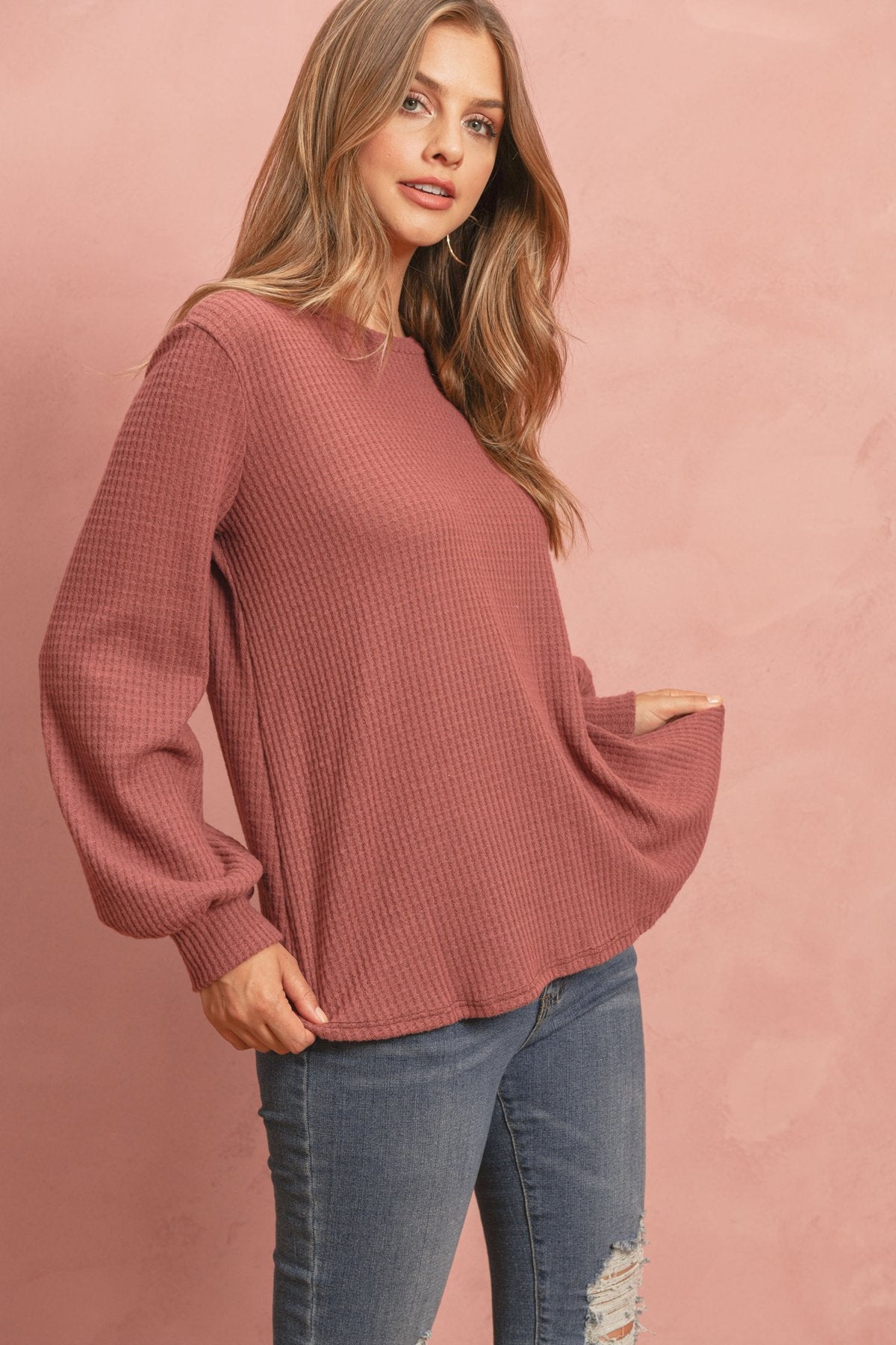 Riah Fashion - Puff Sleeved Waffle Top - 9 COLORS -