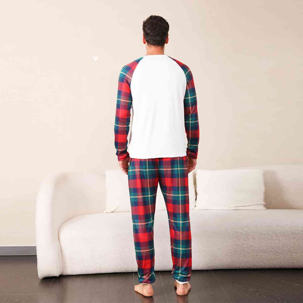 MEN Graphic Round Neck Top and Plaid Pants Set - T -