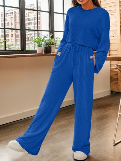 Ribbed Round Neck Top and Drawstring Pants Set - 2 PCS. - T - 7 COLORS -