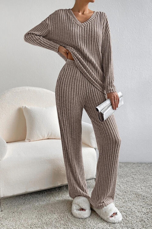 Ribbed V-Neck Top and Pants Set - 2 PCS. - T - 5 COLORS -