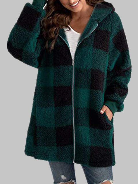 Plaid Zip-Up Hooded Jacket with Pockets - T - 7 COLORS -