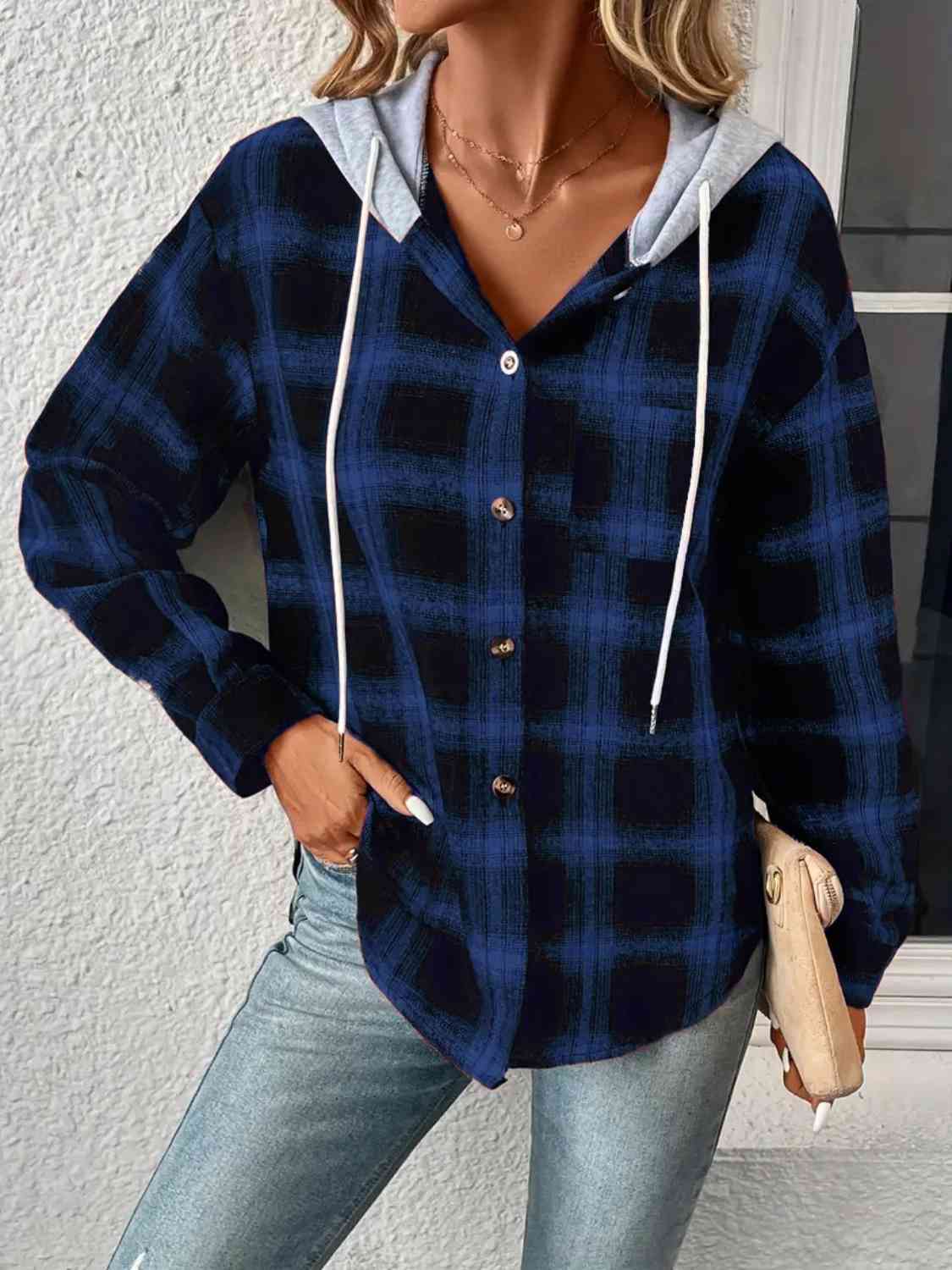 Plaid Drawstring Button Up Hooded Shirt - T - 5 COLORS -