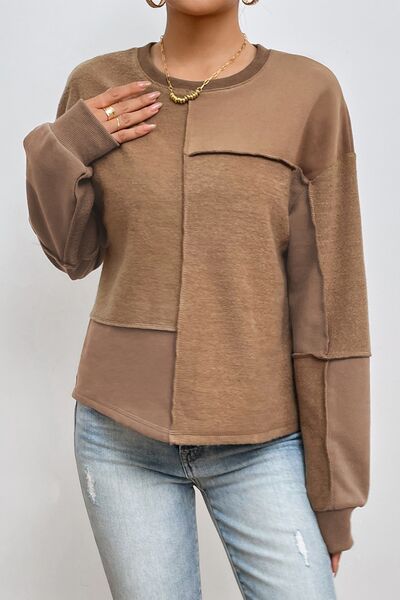 Exposed Seam Round Neck Long Sleeve Sweatshirt - T - 1 COLOR -