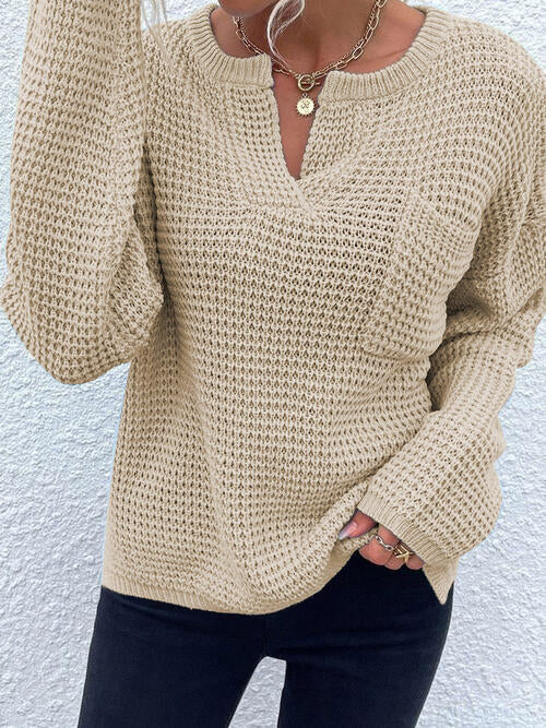 Notched Long Sleeve Sweater - T - 6 COLORS -