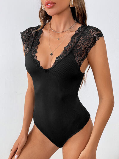 Lace Detail V-Neck Sleeveless Bodysuit - T - 1 COLOR -