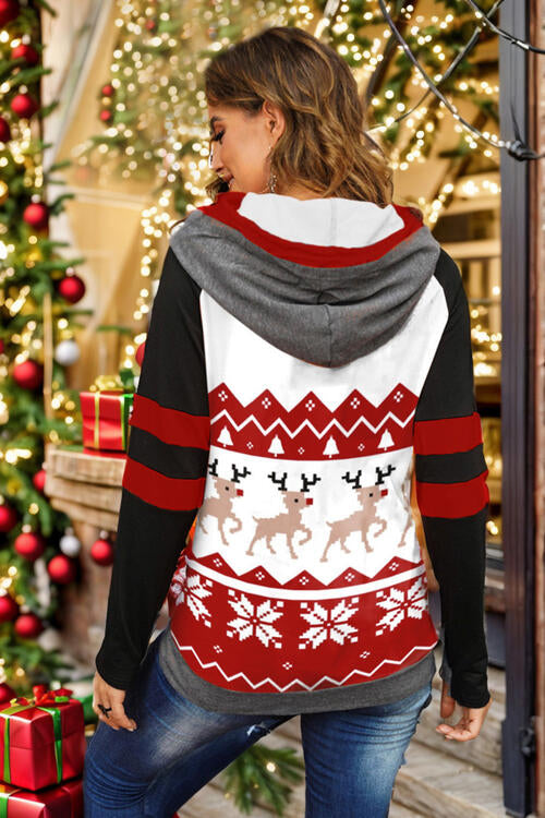 Double Take Full Size Christmas Drawstring Long Sleeve Hoodie - T - 1 COLOR -