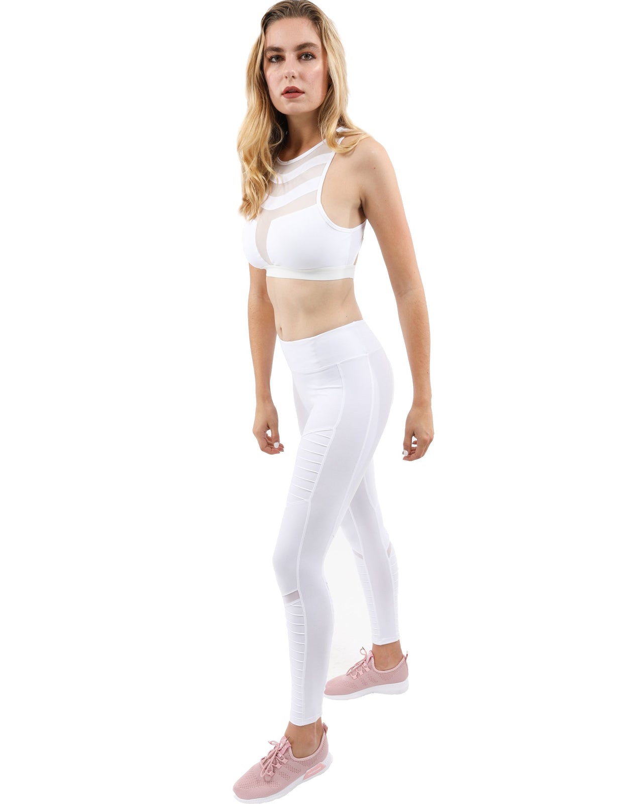 Savoy - Athletique Low-Waisted Ribbed Leggings With Hidden Pocket and Mesh Panels - White - 1 COLOR -