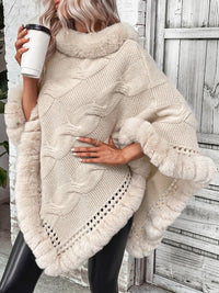 Thumbnail for Faux Fur Trim Cable-Knit Poncho - T - 1 COLOR -