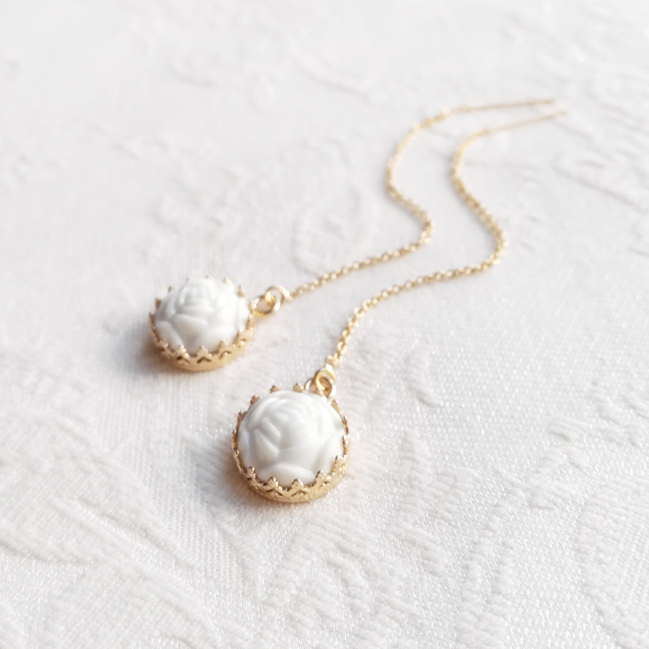 Mini Porcelain Rose With Gold-Filled Chain Earrings -