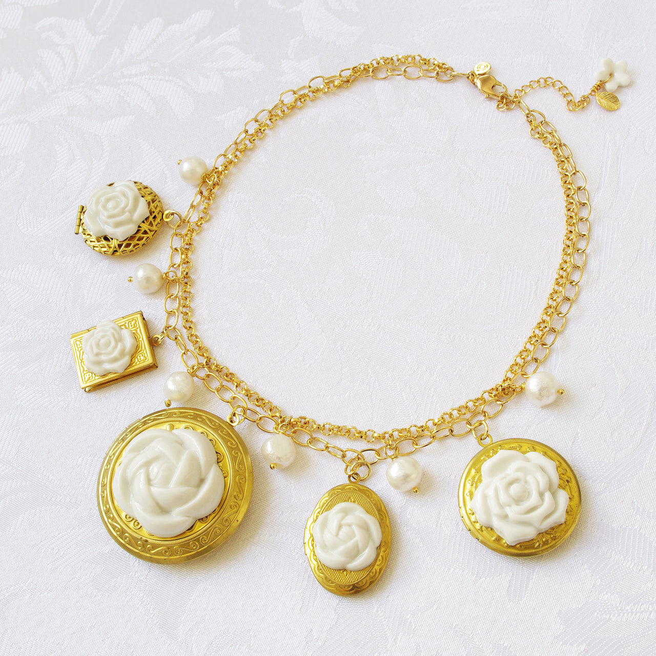 Porcelain Floral Lockets Statement Necklace -