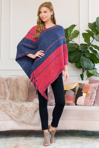 Thumbnail for Riah  Fashion - Red Blue Two Tone Chain Print Fringe Poncho - 1 COLOR -