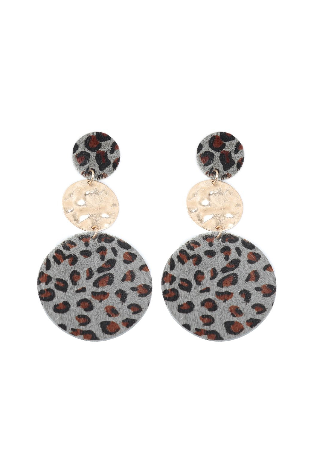 Round Leopard Leather With Metal Link Drop Earrings - 5 COLORS -