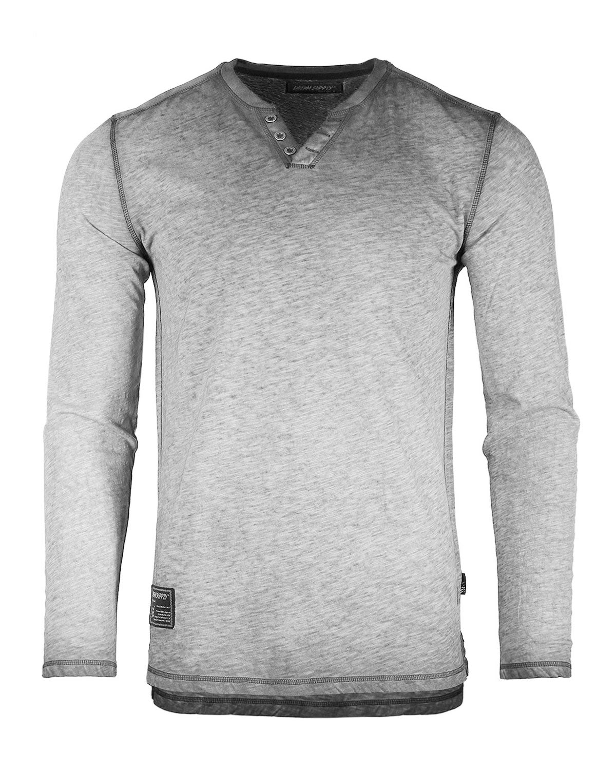 Mens Long Sleeve V-Neck Henley Oil Wash Contrast Seam Vintage Shirt - Silver Grey - 1 COLOR -