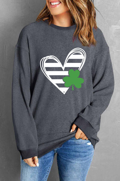 Heart Lucky Clover Round Neck Dropped Shoulder Sweatshirt - T - 1 COLOR -