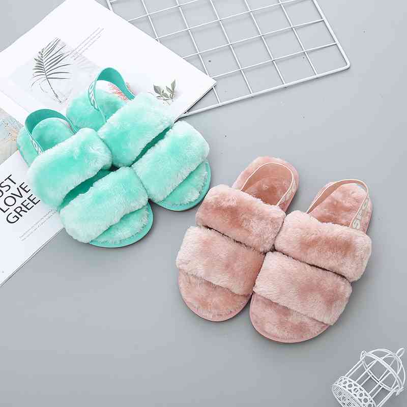 Faux Fur Open Toe Slippers - T - 10 COLORS/PATTERNS -