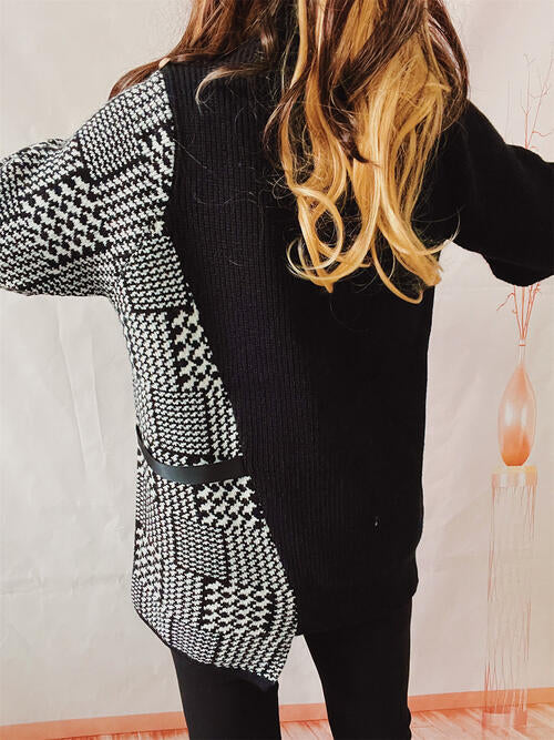 Houndstooth Turtleneck Long Sleeve Slit Sweater - T - 1 COLOR -