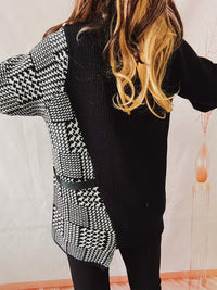 Thumbnail for Houndstooth Turtleneck Long Sleeve Slit Sweater - T - 1 COLOR -