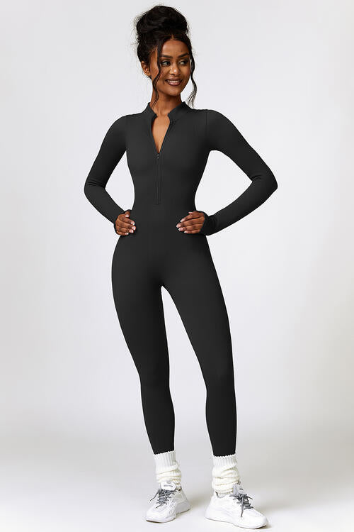 Half Zip Long Sleeve Active Jumpsuit - T - 5 COLORS -