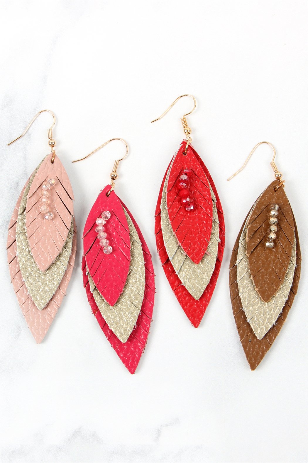 Three Layer Fringe Leather Marquise Earrings - 14 COLORS -