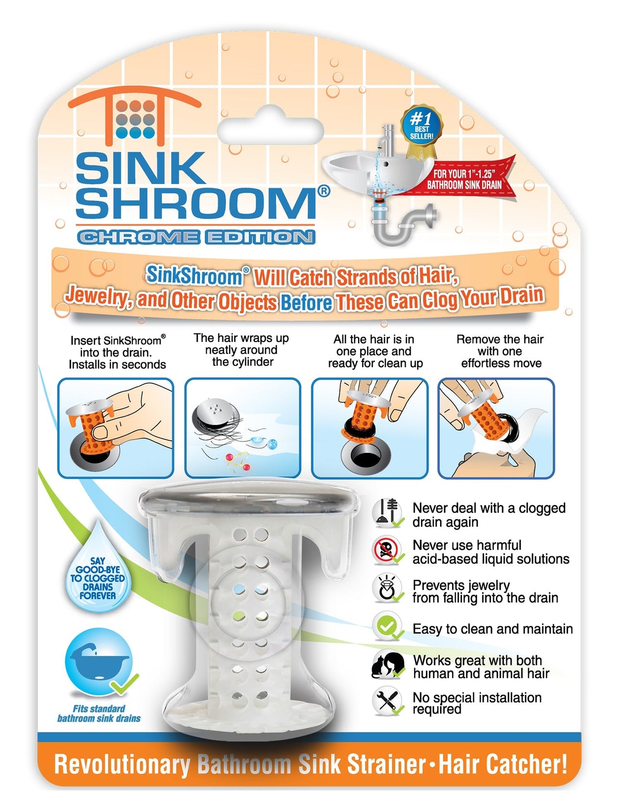 SinkShroom (Chrome Edition) the Hair Catcher That Prevents Clogged Bathroom Sink Drains