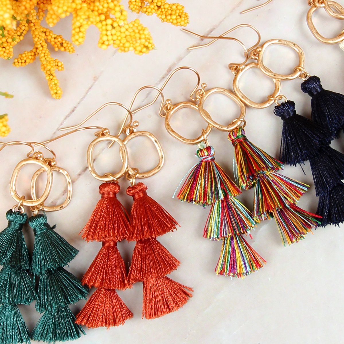 Three Drop Tassel With Metal Hook Earrings - 11 COLORS -