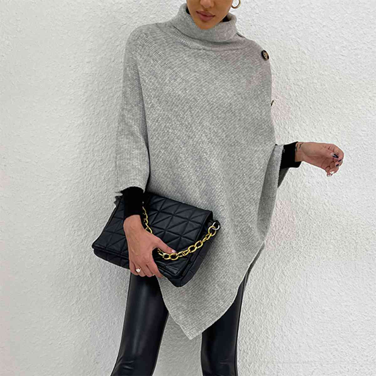 Turtleneck Buttoned Poncho - T - 1 COLOR -