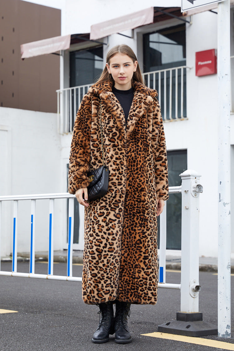 Sharon Tatem - Faux Fur - Leopard Print - Rabbit Tailored Collar - Warm Thick X-Long Coat Long Sleeve Jacket -