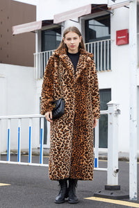 Thumbnail for Sharon Tatem - Faux Fur - Leopard Print - Rabbit Tailored Collar - Warm Thick X-Long Coat Long Sleeve Jacket -