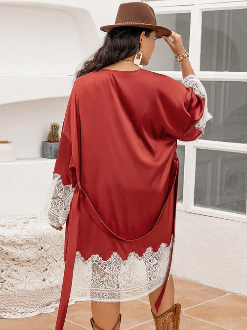 Plus Size Lace Patchwork Tie Front Robe - XL THRU 3XL - T - 1 COLOR -