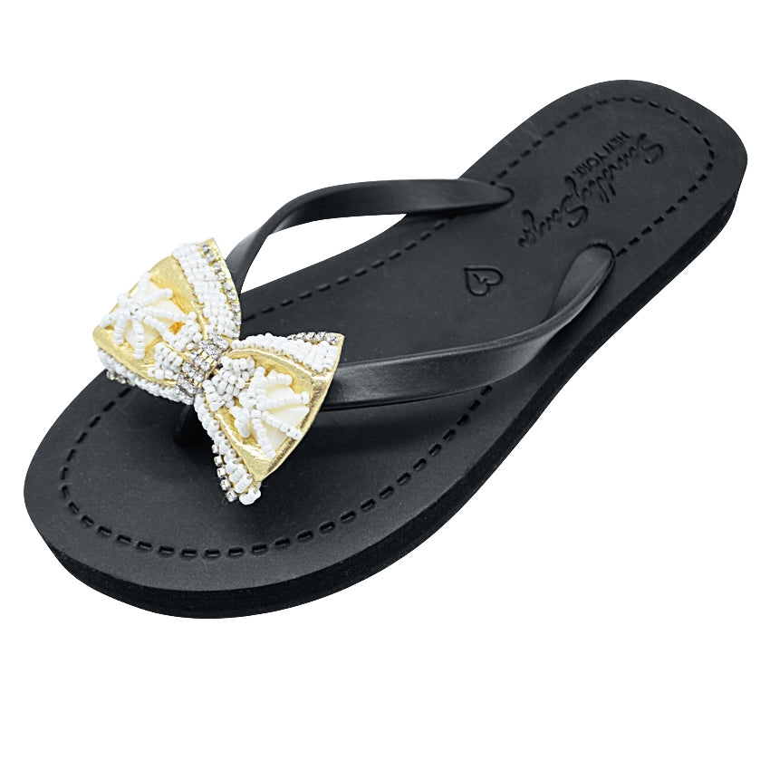 SAND BY SAYA N.Y. - Gold and Pearl Bow-Rhine Stone Embellished Women's Flat Flip Flops - 3 COLORS -