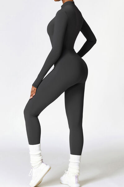 Zip Up Long Sleeve Slim Active Jumpsuit - T - 1 COLOR -