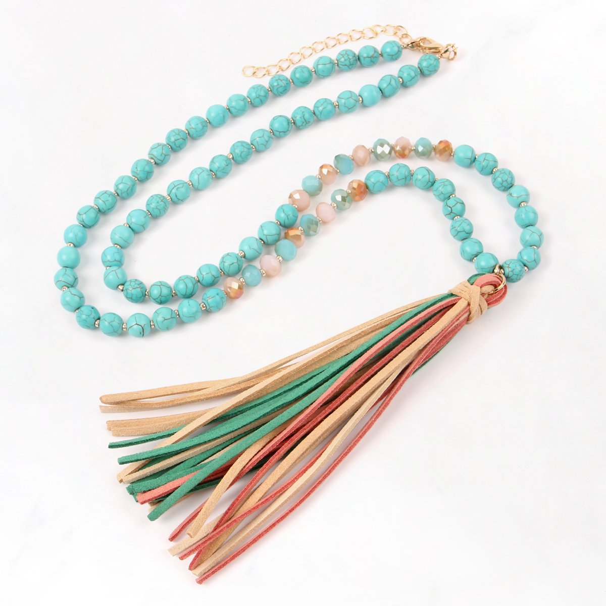 Riah Fashion - Colorful Natural Stone Glass Beads Leather Tassel Necklace - 7 COLORS -