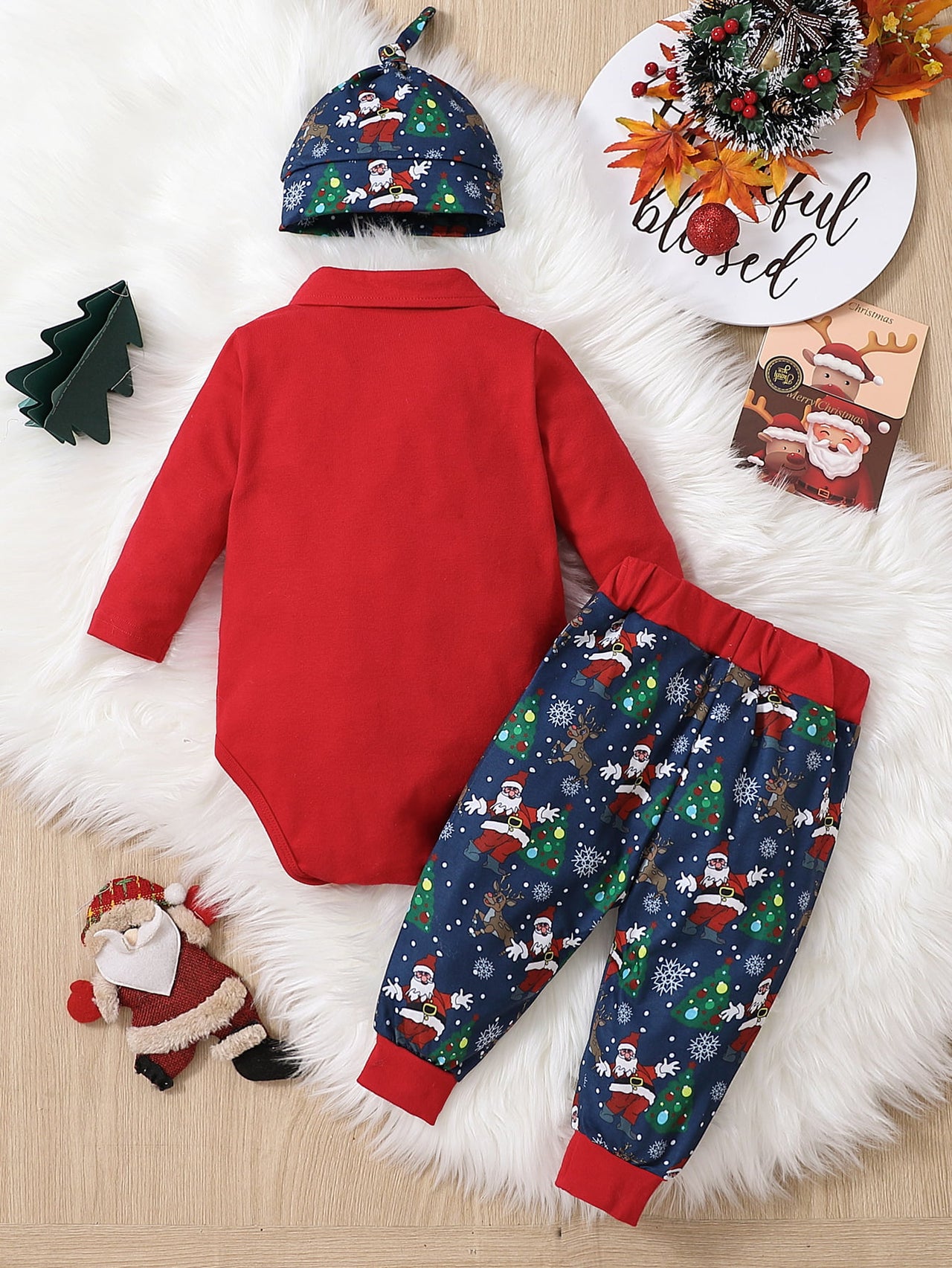 Printed Bow Front Collared Neck Bodysuit and Pants Set with Hat - 3 PCS. - T - 2 COLORS -