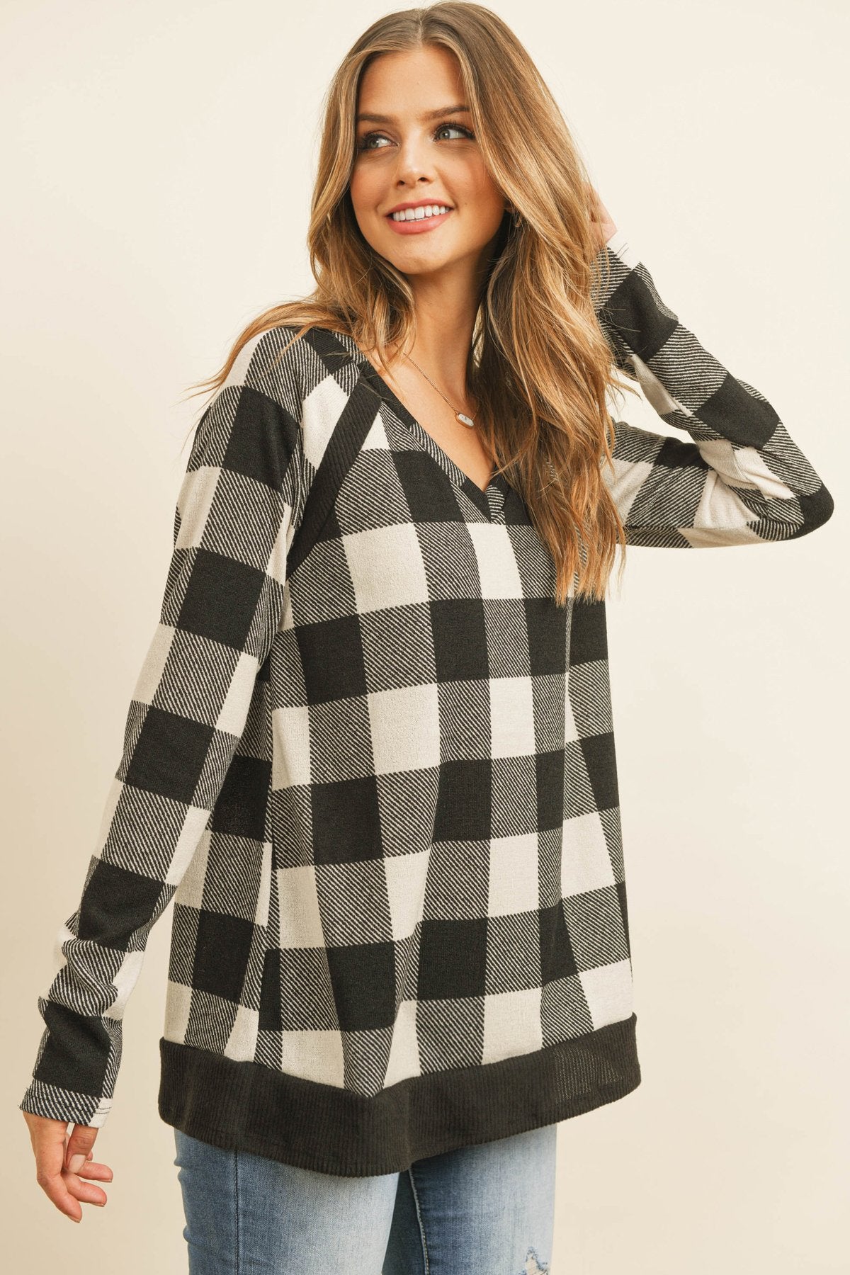 Riah Fashion - Checker Plaid V-Neck Long Sleeve Top - 2 COLORS -